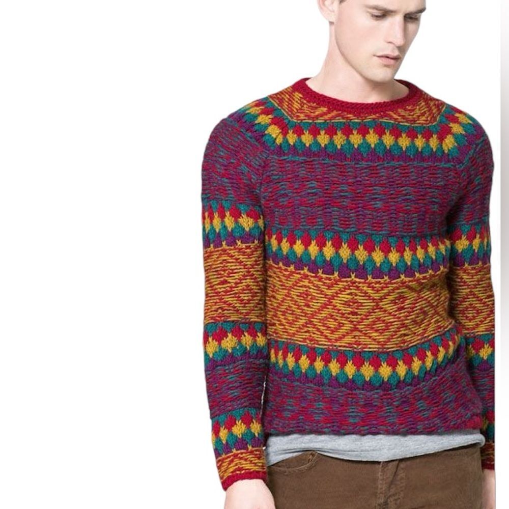 Zara Man Jaquard Multicolored Chunky Sweater Size Large